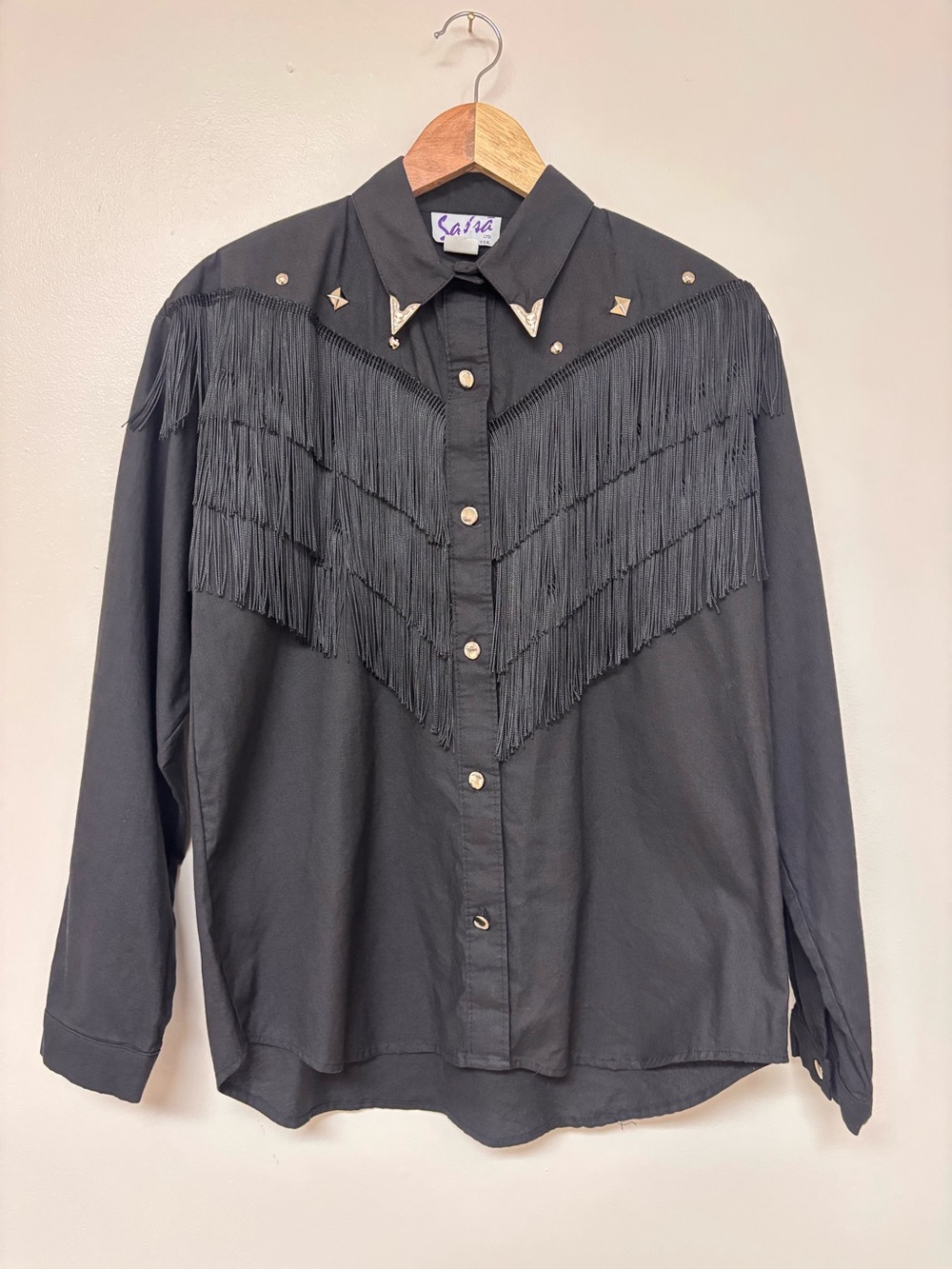 Vintage Western Fringe Button-Up Shirt Black Studded Country Cowboy Top USA M